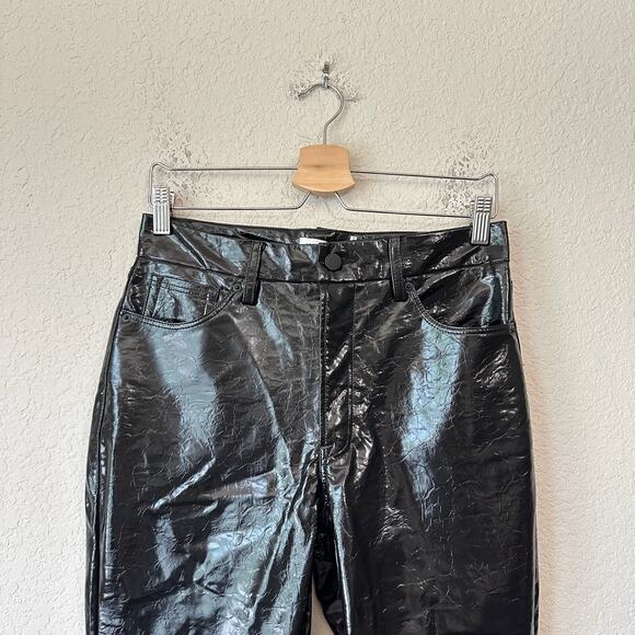 GOOD AMERICAN Faux Leather Pants Black Glossy Crackled HR Flare NWT - Picture 3 of 16